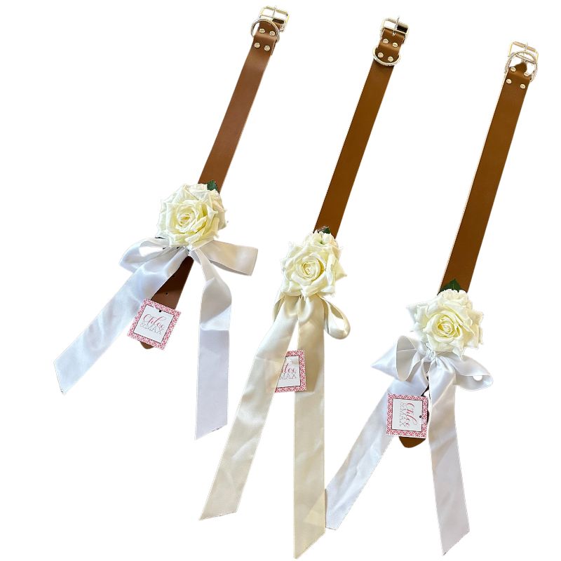 Creamy White Rose on Tan Leather Large Dog Wedding Collar - Handmade - Southlake Paws