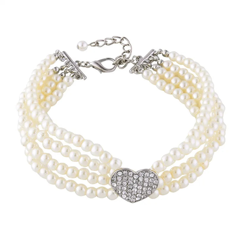 4-Row Pearls Dog Necklace with Rhinestone Heart Pendant - Southlake Paws