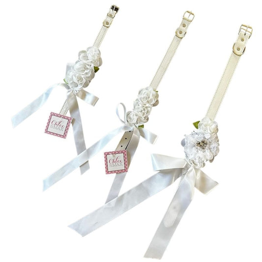 White Silk Flowers Wedding Dog Collar - Handmade
