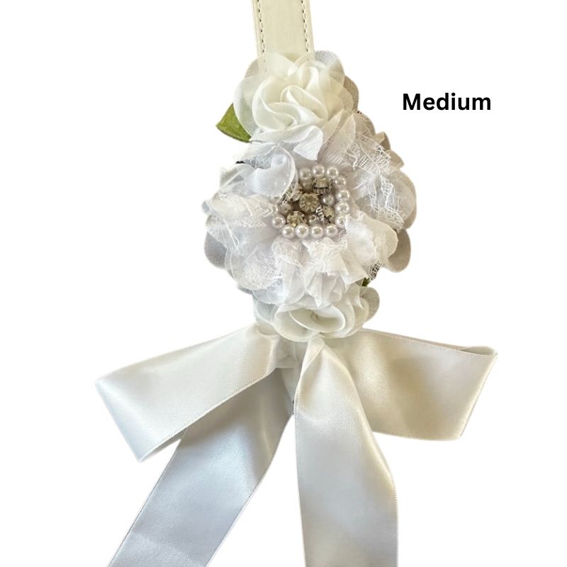 White Silk Flowers Wedding Dog Collar - Handmade