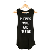 Puppies Wine & I'm Fine Tank | Gift for Dog Moms | Wine Lover Apparel