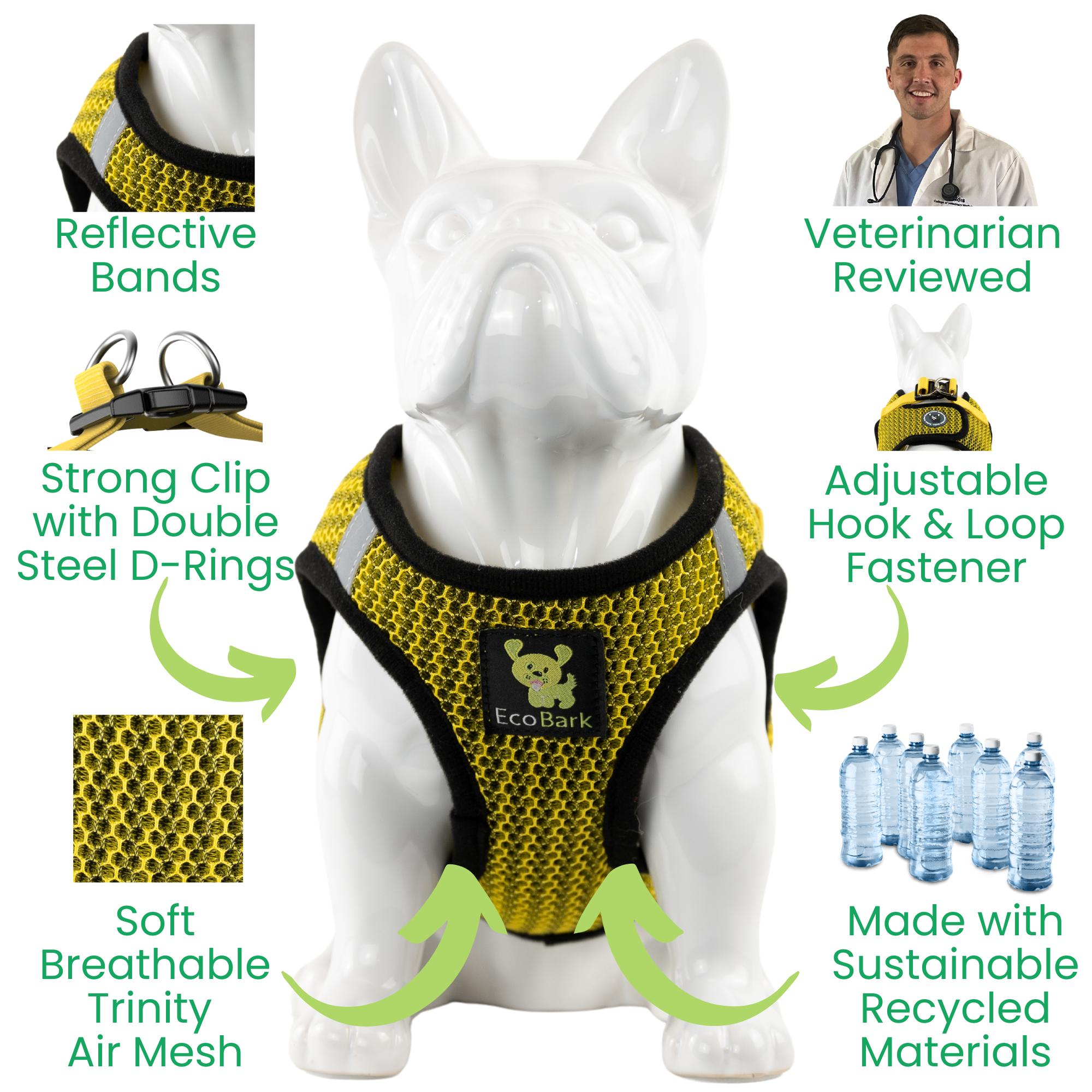 EcoBark Step In Dog Harness - XXXS to Small Breeds- Reflective Soft Mesh Harness for Teacup, Small Dogs and Puppies / Yellow Sport