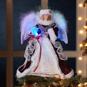 Kurt Adler 12-Inch White, Silver and Burgundy Angel Tree Topper with Fiberoptic LED Lights