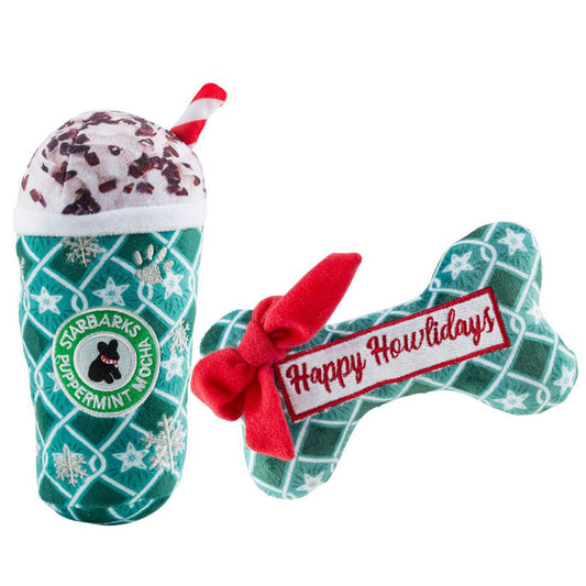 Starbarks Puppermint Mocha Green Stars Cup & Bone | Christmas Dog Toys