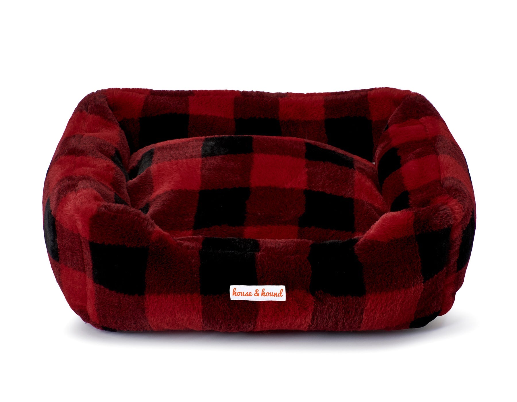 Red and black plaid Mink Relaxer Bed by Southlake Paws, featuring a soft, plush design for pet comfort.