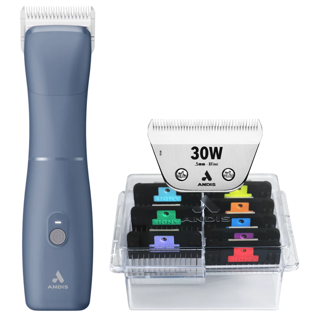 Andis Emerge Clipper Blue with #30W Blade and 8Pc Wide Comb Attachment Bundle