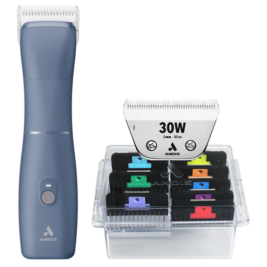 Andis Emerge Clipper Blue with #30W Blade and 8Pc Wide Comb Attachment Bundle