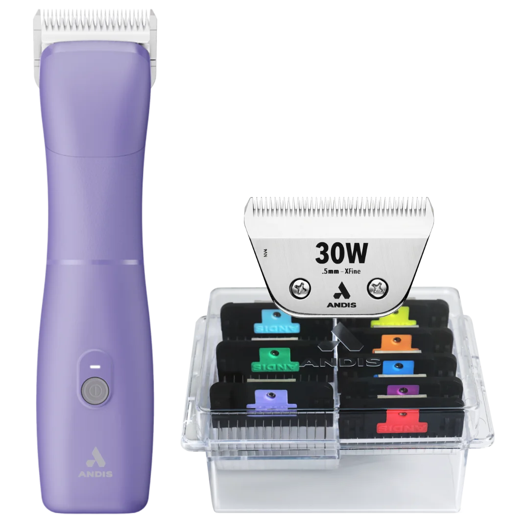 Andis Emerge Clipper Purple with #30W Blade and 8Pc Wide Comb Attachment Bundle