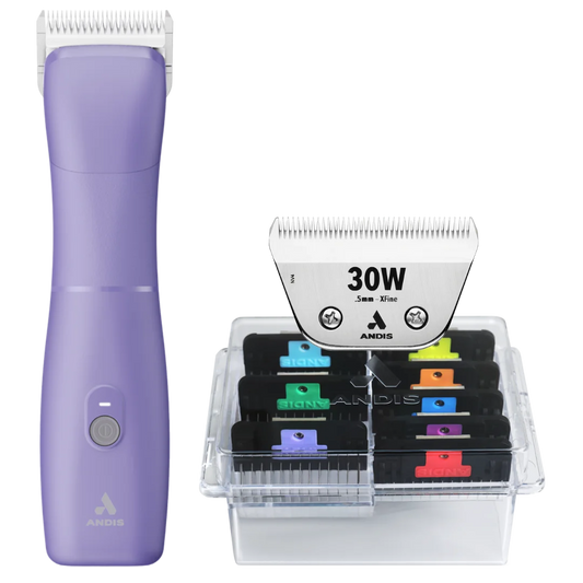 Andis Emerge Clipper Purple with #30W Blade and 8Pc Wide Comb Attachment Bundle