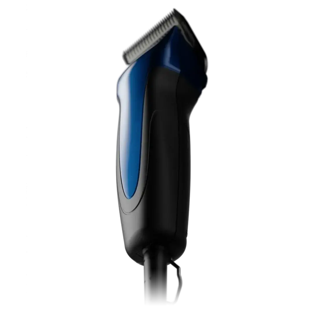 Andis Excel 5-Speed Corded Clipper in blue and black with a cord, designed for pet grooming. Includes a free de-shedding tool