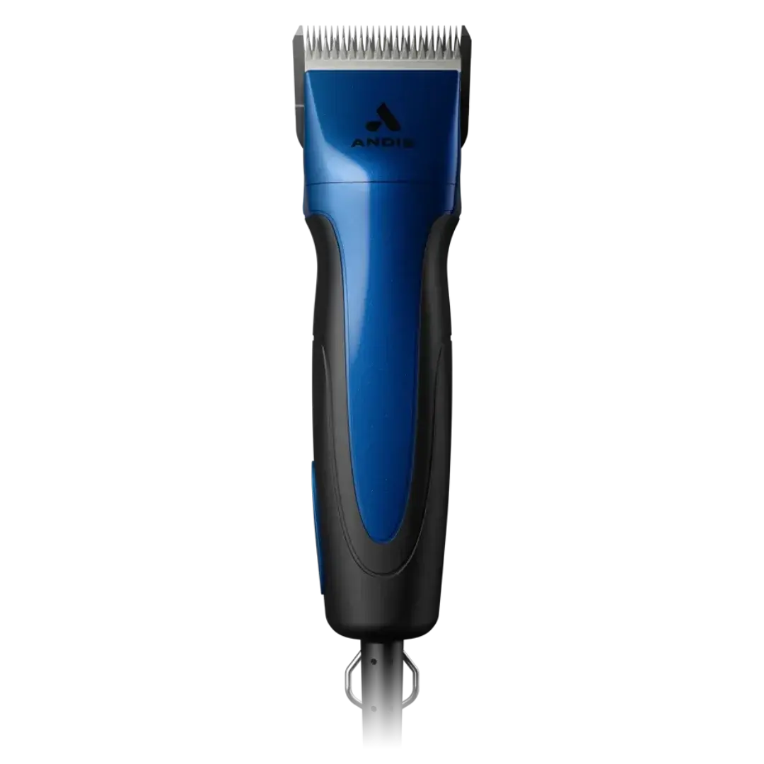 Andis Excel 5-Speed Corded Clipper in blue and black with a wide tooth de-shedding tool included.