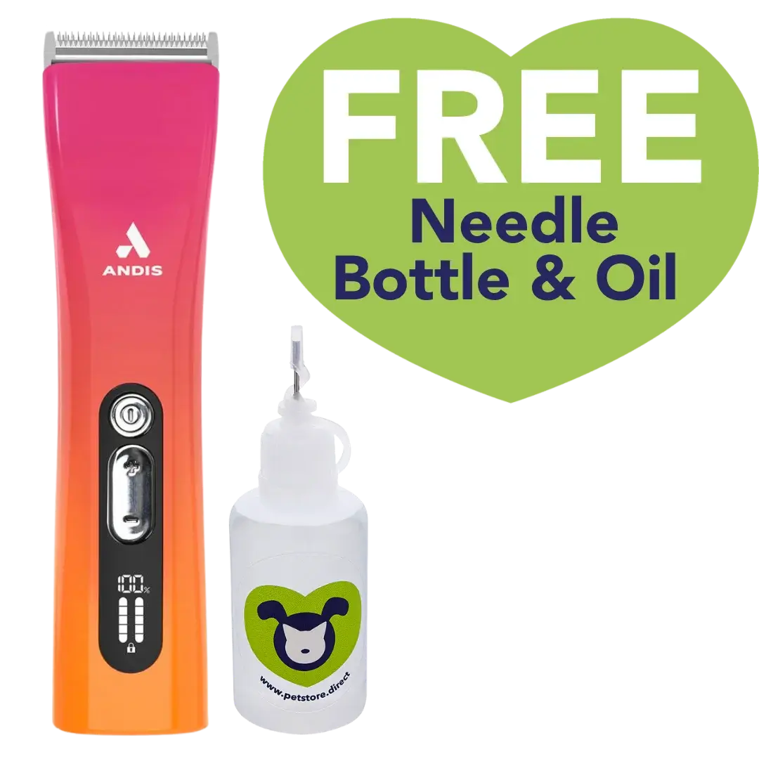 Andis ProClip 5-in-1 Sunset Clipper in gradient orange and pink, with free needle bottle and shear oil displayed.