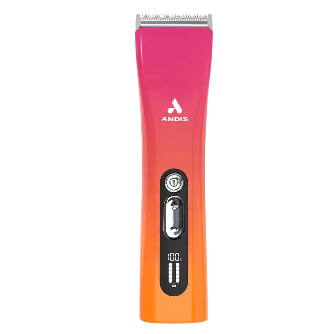 Andis ProClip 5-in-1 Sunset Clipper featuring a vibrant pink to orange gradient, with control buttons and LED indicators.