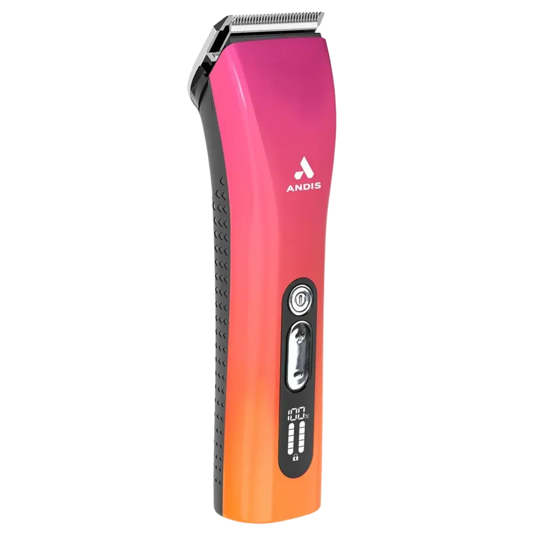 Andis ProClip 5-in-1 Sunset Clipper in gradient pink and orange, featuring a digital display and ergonomic design.