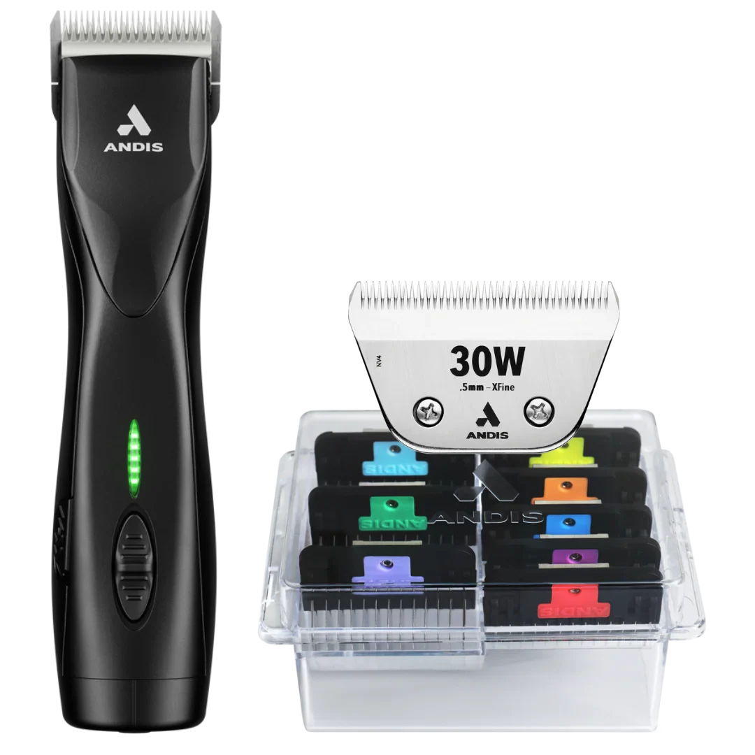 Andis Pulse ZR II Black Clipper with #30W Blade and 8Pc Wide Comb Attachment Bundle