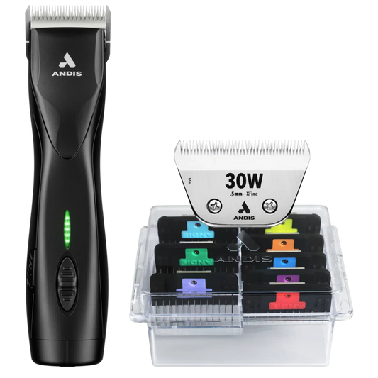 Andis Pulse ZR II Black Clipper with #30W Blade and 8Pc Wide Comb Attachment Bundle
