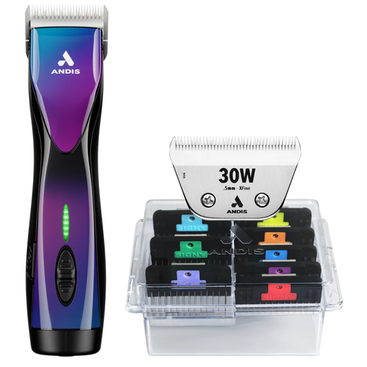 Andis Pulse ZR II Purple Galaxy Clipper with #30W Blade and 8Pc Wide Comb Attachment Bundle