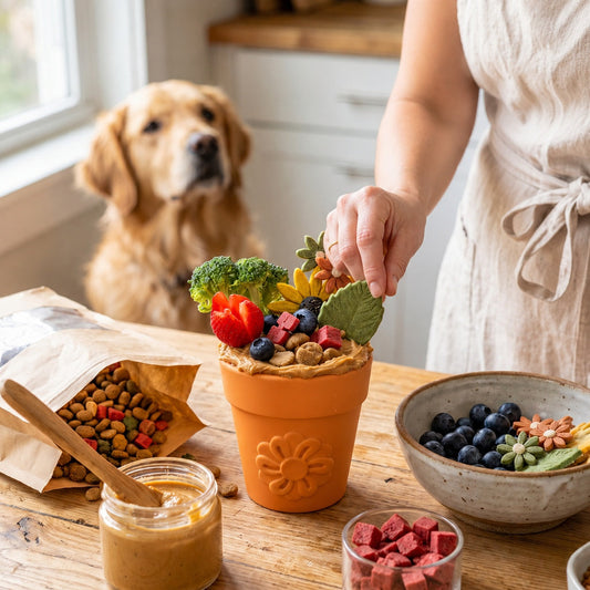 Large Flower Pot eCup Dog Treat Dispenser by Southlake Paws, filled with treats and vegetables, with a dog in the background.