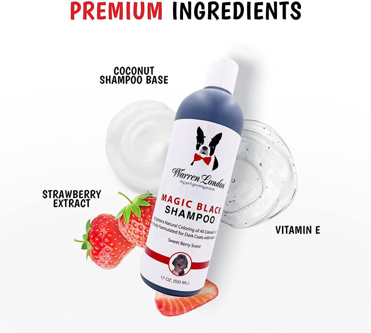 Southlake Paws Magic Black Brightening Dog Shampoo, 17 oz bottle with coconut base, strawberry extract, and vitamin E.