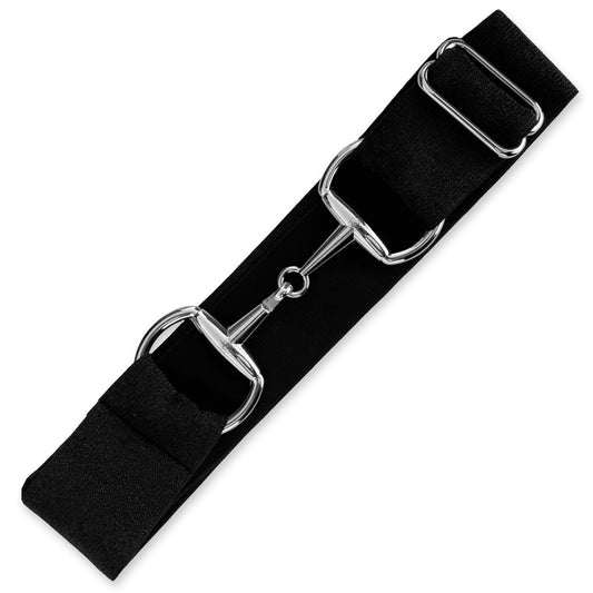 Black elastic equestrian belt from Southlake Paws with silver metal hardware and adjustable buckles.