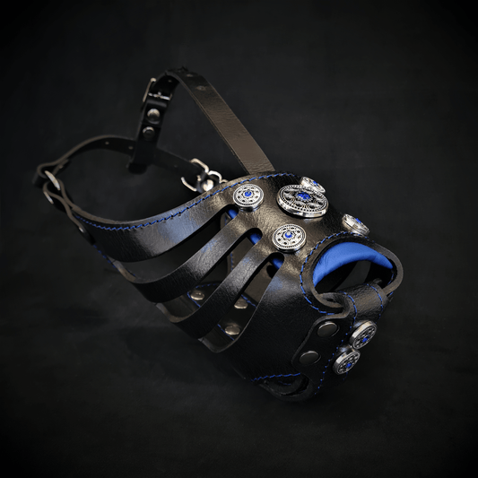 The ''Bijou'' Basket Muzzle Black & Blue by Bestia Dog Gear