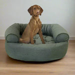 Bowsers Pet Products premium calming bed for pets with soft green fabric and cozy bolsters