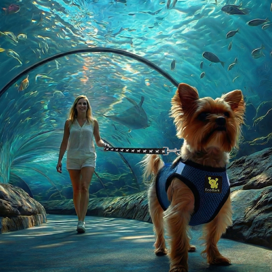 Woman walking a dog through an aquarium tunnel with fish swimming around.