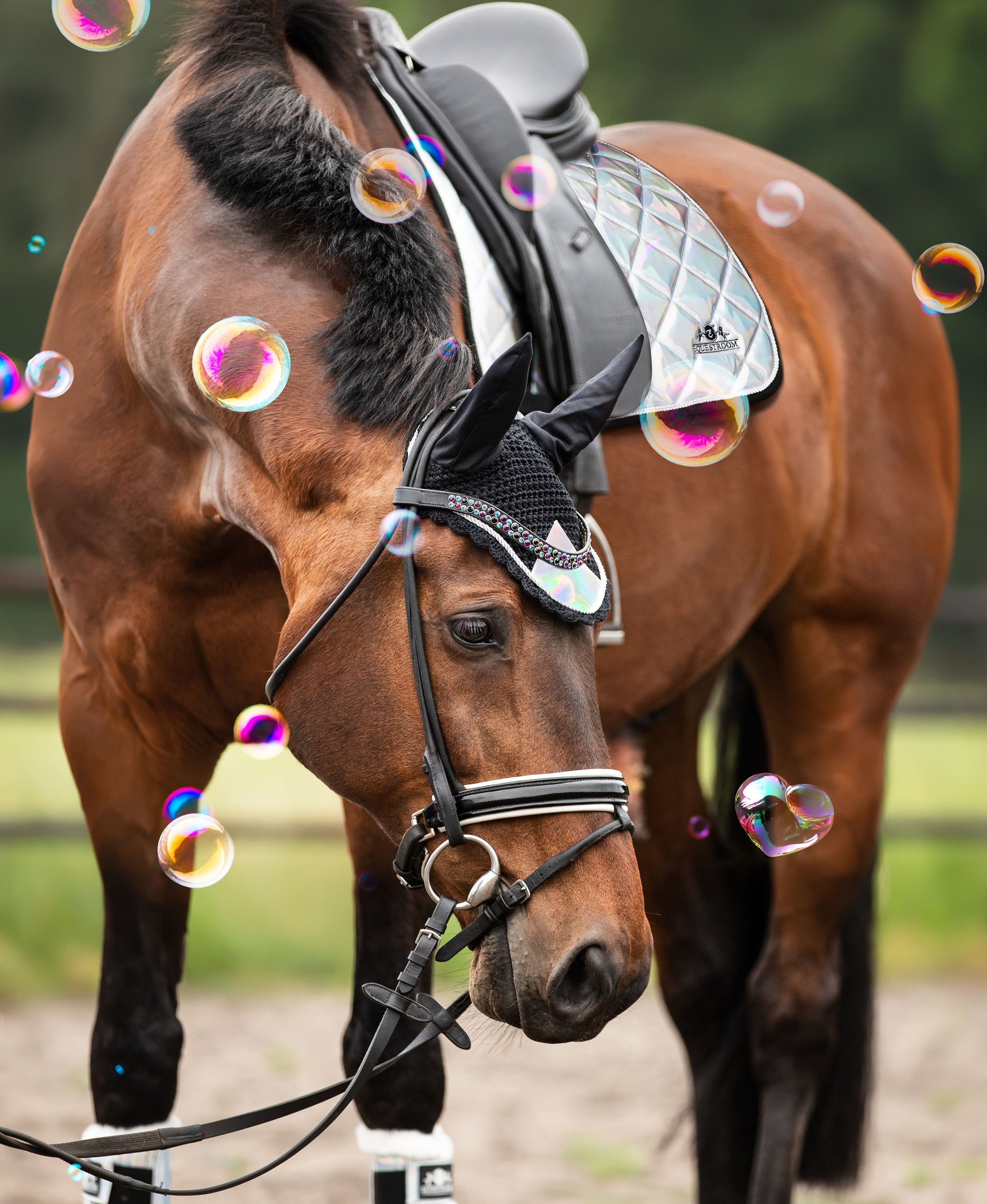 Holographic Saddle Pad by Southlake Paws on a brown horse, surrounded by colorful bubbles in a natural setting.