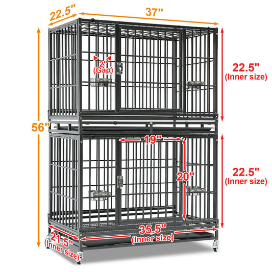 Heavy-duty stackable dog crate by Southlake Paws, measuring 37" x 22.5" x 56", with two spacious compartments.