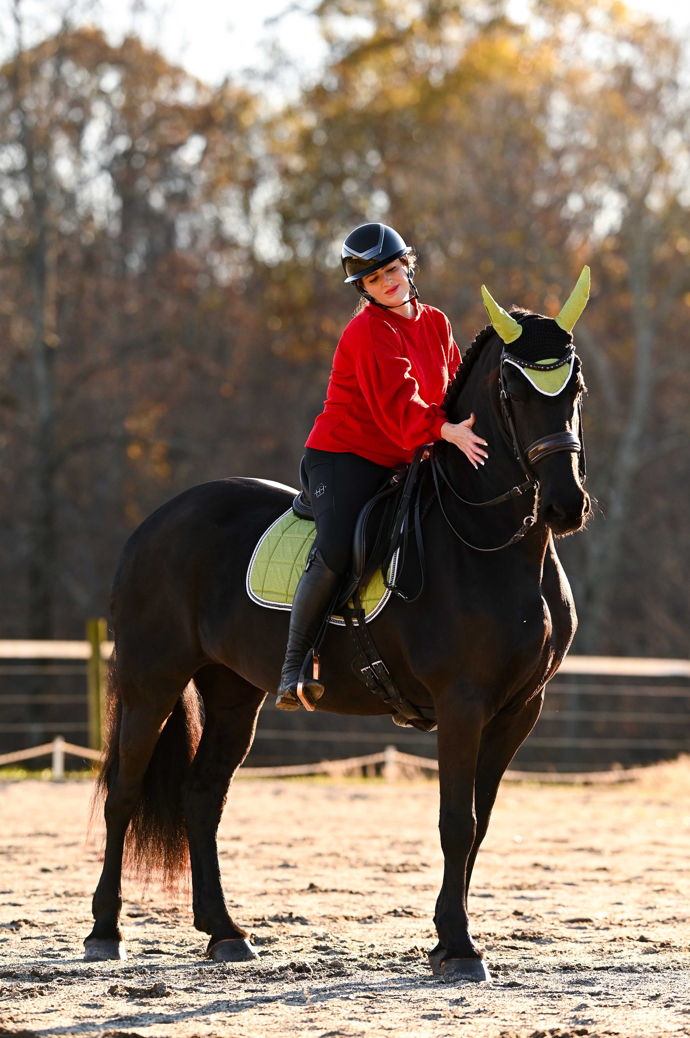 Lemongrass Saddle Pad Set by Southlake Paws, featuring a rider on a black horse in a sunny outdoor setting.