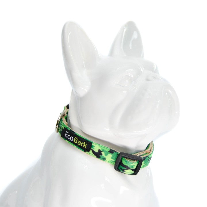 EcoBark Camo Bow Tie Dog Collar featuring a camouflage print, displayed on a white dog figurine.