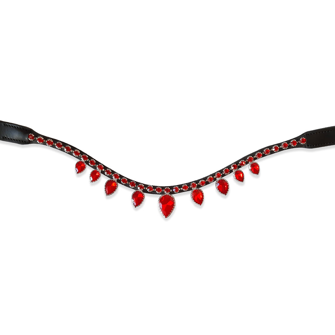 Scarlet Red Browband by Southlake Paws featuring a black strap adorned with red gemstones in a teardrop design.