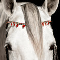 Load image into Gallery viewer, Scarlet Red Browband by Southlake Paws featuring red and green gemstones on a horse's forehead.
