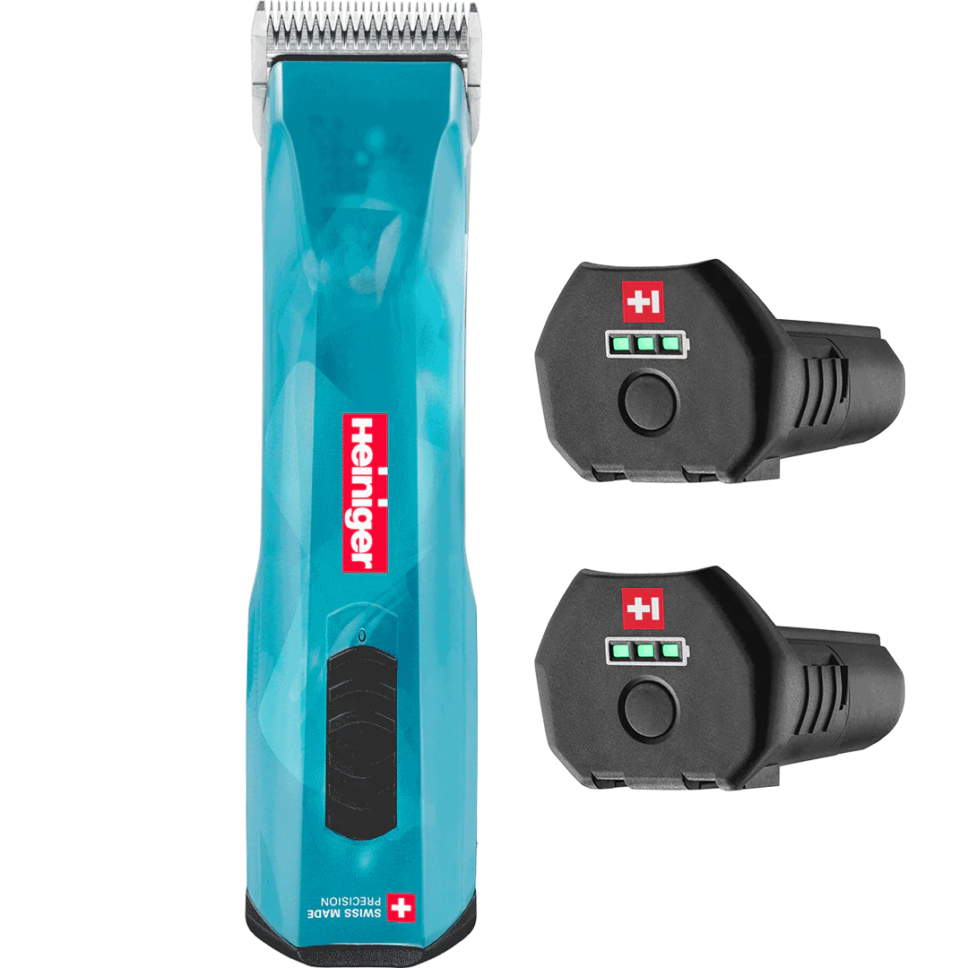 Heiniger Opal Cordless Clipper in teal with two batteries and free grip, designed for pet grooming.
