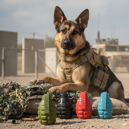 Grenade Shaped eDispenser Durable Dog Chew Toy & Treat Dispenser - Red & Blue