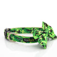 Load image into Gallery viewer, EcoBark Camo Bow Tie Dog Collar in vibrant green camouflage print with a matching bow tie and adjustable buckle.
