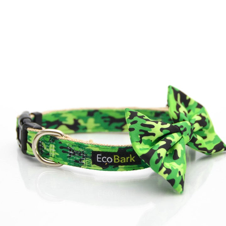 EcoBark Camo Bow Tie Dog Collar in vibrant green camouflage print with a matching bow tie and adjustable buckle.