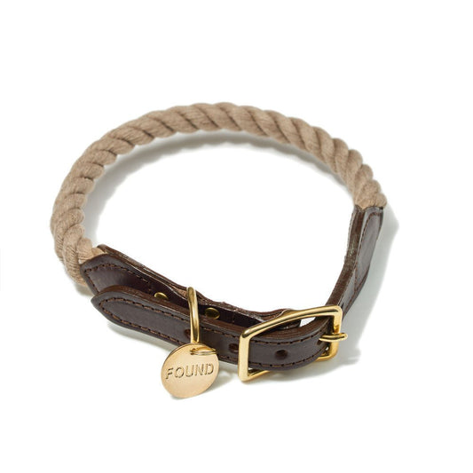 Dog Collars Premium Dark Tan Rope & Leather Cat & Dog Collar