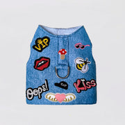 Hello Doggie designer dog harness in denim blue with colorful patches and metal ring