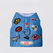 Hello Doggie designer dog harness in blue denim with colorful patches and metal ring