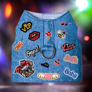 Hello Doggie designer dog harness in blue with colorful patches and fun embroidered designs