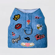Hello Doggie designer dog harness in denim with colorful patches and central metal ring