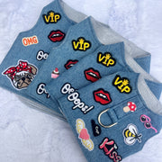 Hello Doggie designer dog harness in denim with colorful patches and embroidery details