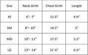 Size chart for Hello Doggie designer dog harness showing neck girth chest girth and length measurements
