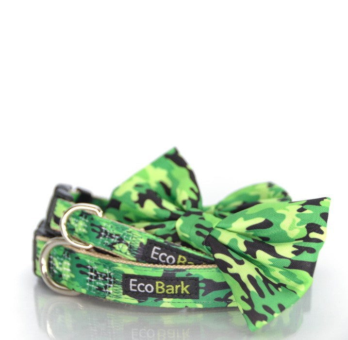 EcoBark Camo Bow Tie Dog Collar featuring a vibrant green camouflage print and a stylish bow tie design.