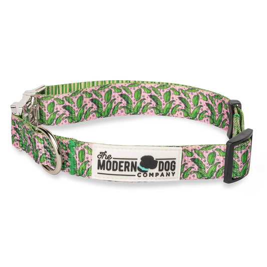 Pink Tropics Collar by The Modern Dog Company featuring a vibrant pink and green tropical leaf design.