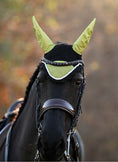 Load image into Gallery viewer, Southlake Paws Lemongrass Fly Hat for horses, featuring yellow ears and a mesh design, worn on a black horse's head.
