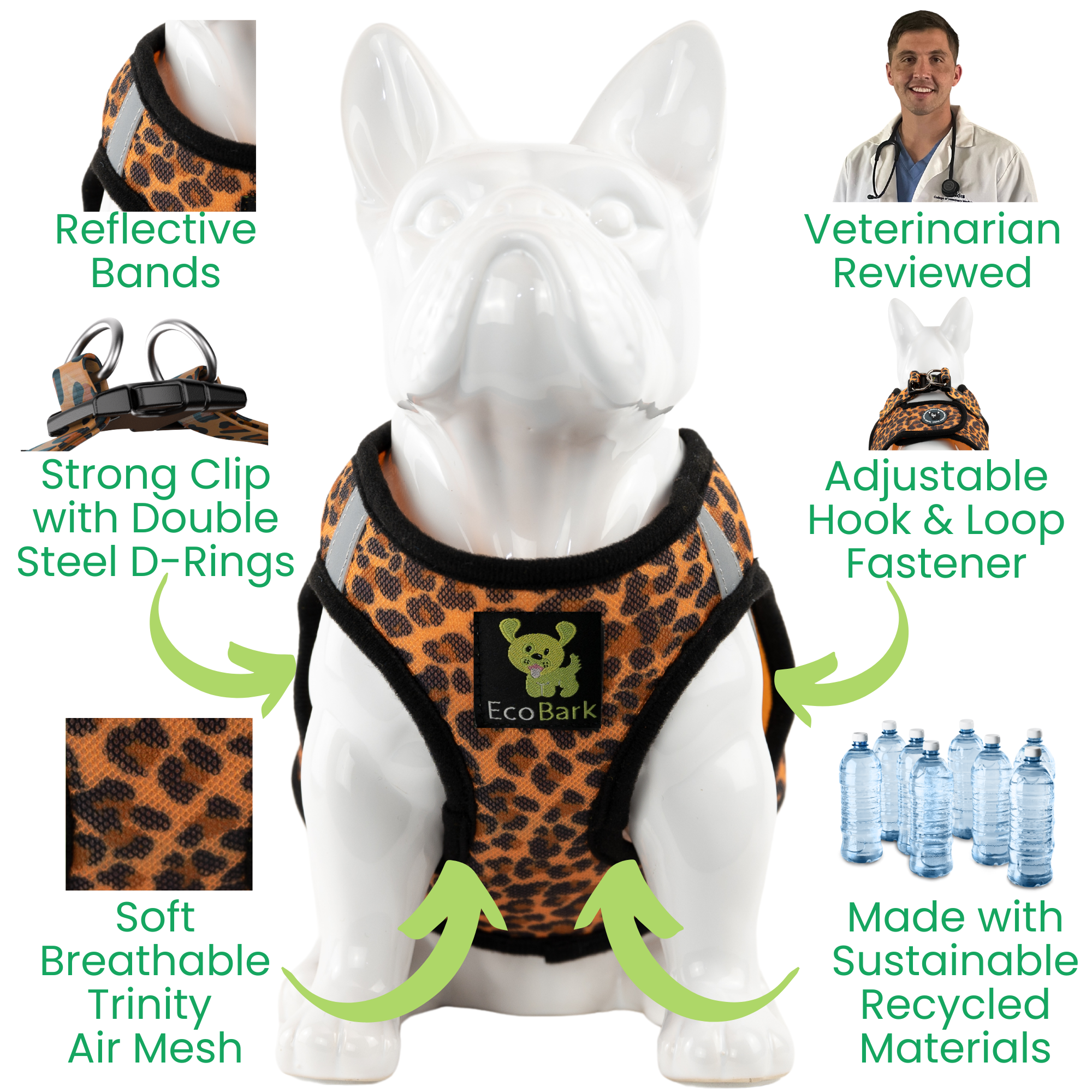EcoBark Step In Dog Harness - XXXS to Small Breeds- Reflective Soft Mesh Harness for Teacup, Small Dogs and Puppies / Cheetah