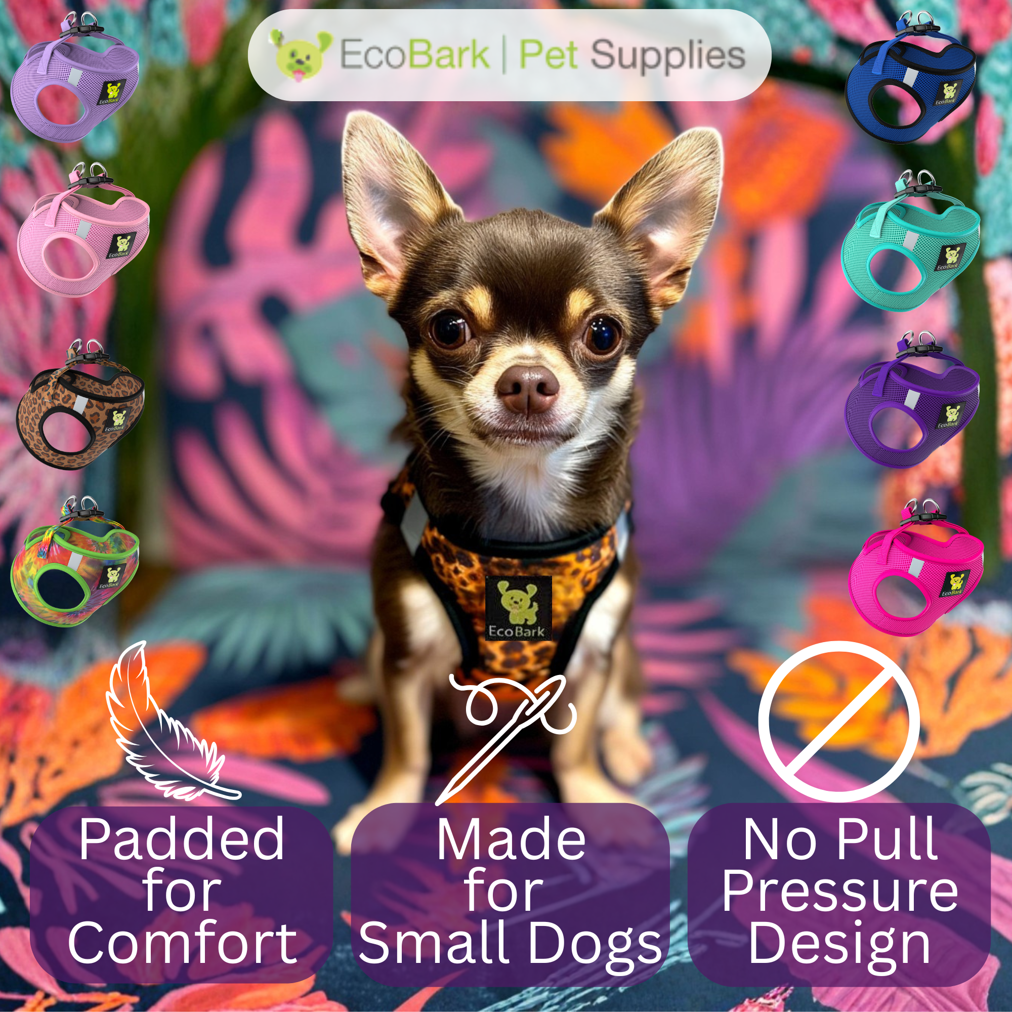 EcoBark Step In Dog Harness - XXXS to Small Breeds- Reflective Soft Mesh Harness for Teacup, Small Dogs and Puppies / Cheetah