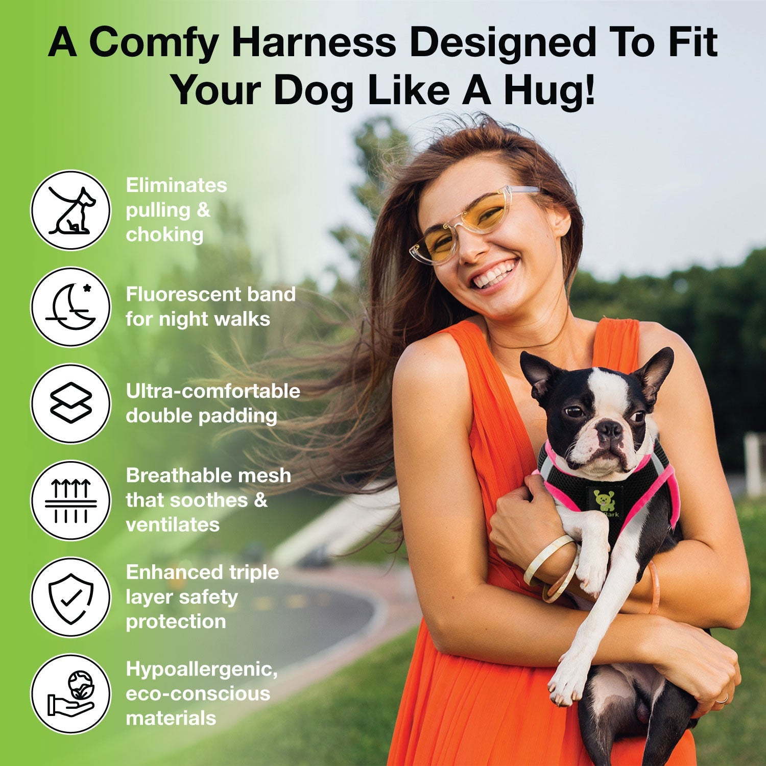 EcoBark Step In Dog Harness - XXXS to Small Breeds- Reflective Soft Mesh Harness for Teacup, Small Dogs and Puppies / Black w/ Pink Piping